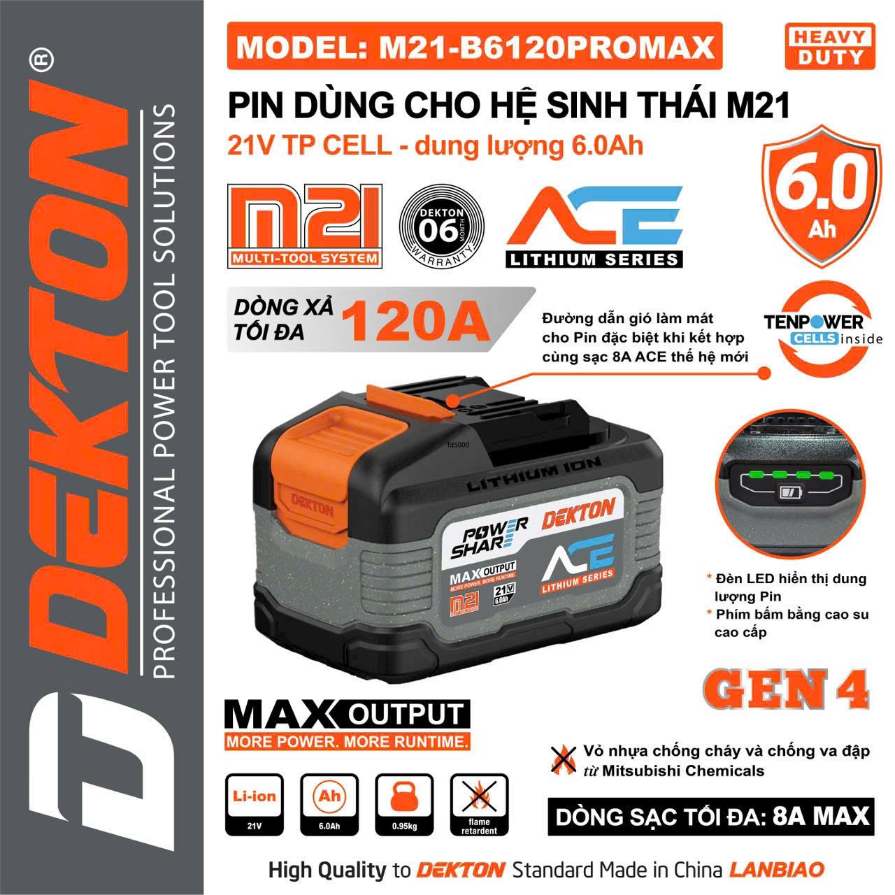 Pin Dekton Gen 4 M21-B6120PROMAX 21V 6.0Ah Dòng Xả Cao